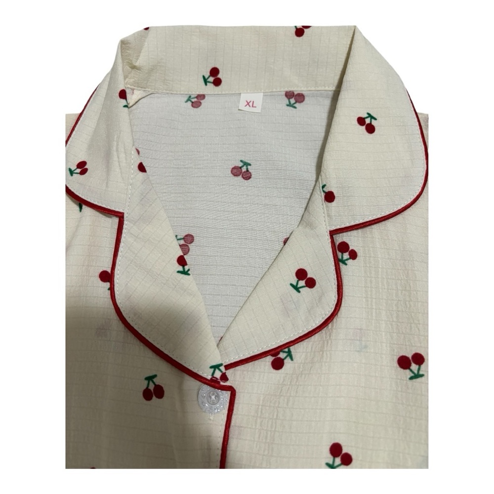 Pajama Set with Red Cherry Pattern and Red Piping W Size XL Cream/Red/Green - Picture 7 of 12